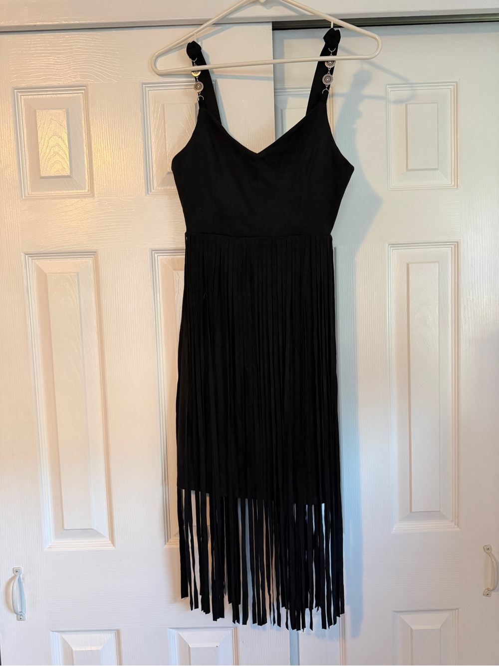 Idyllwind Black Asymmetrical Fringe V-Neck Dress